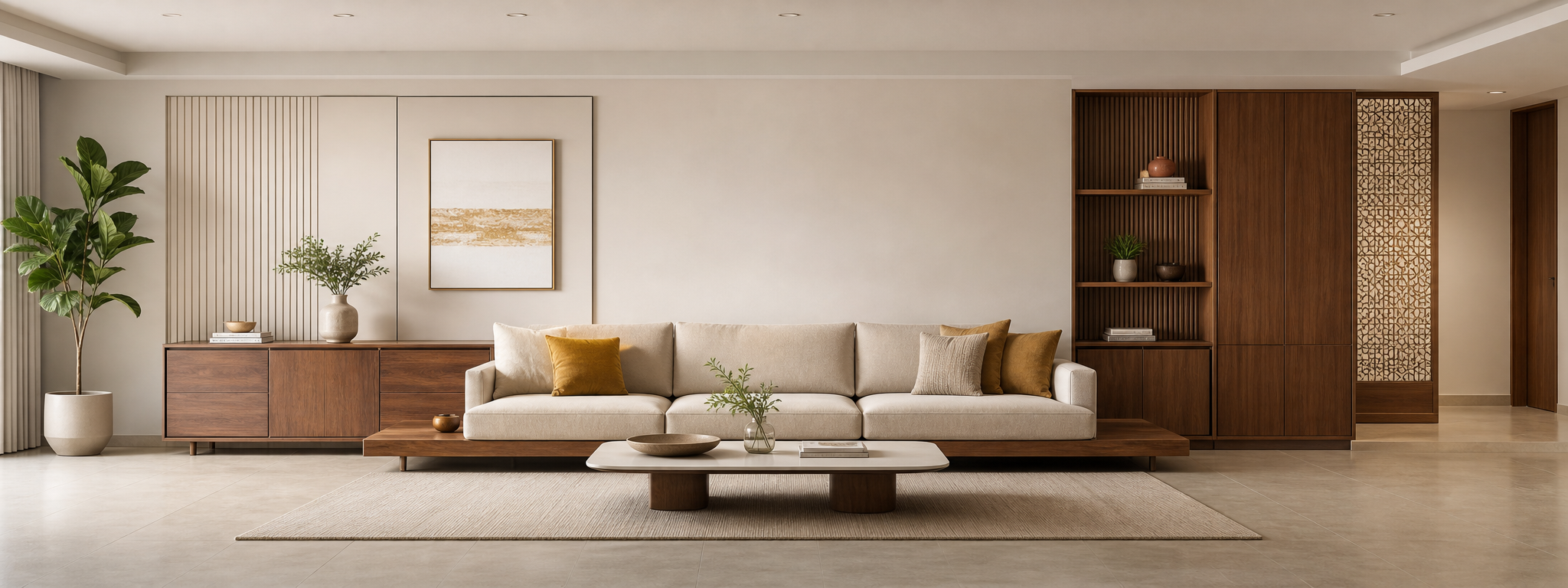 A professionally maintained contemporary living room with refined cabinetry