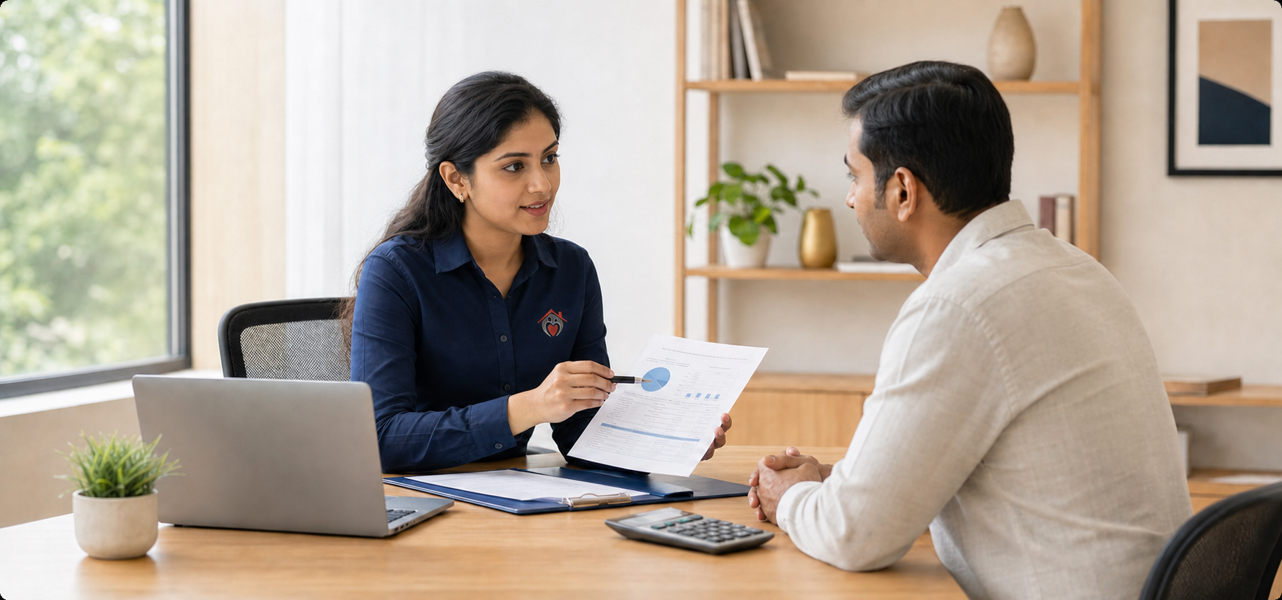 A Harmonia tax agent explaining a tax report to a client